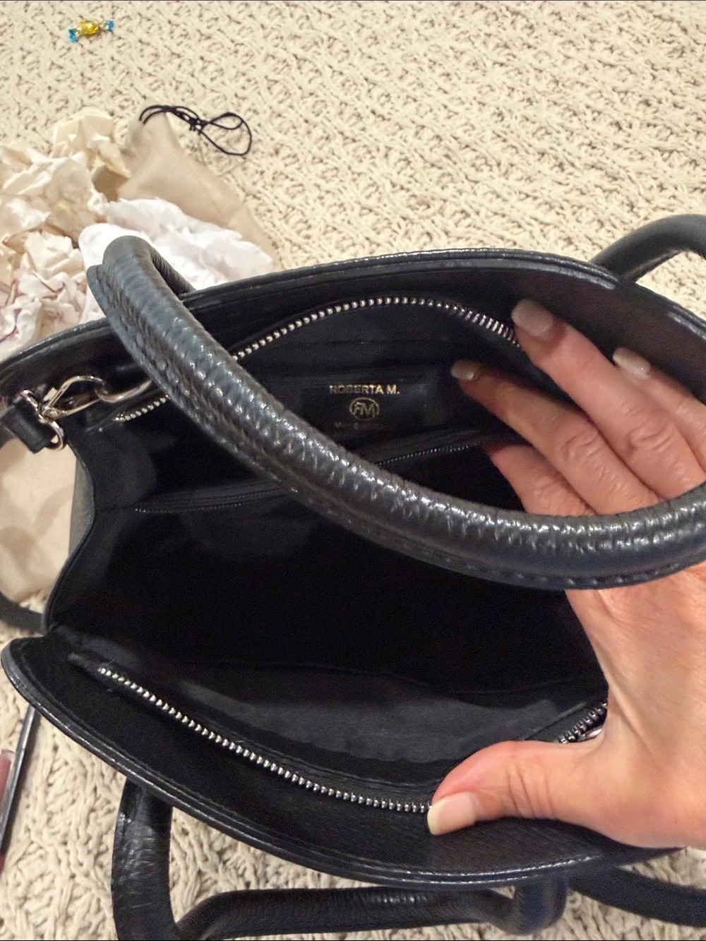 Roberta M Black Leather Top-Handle Bag with long strap for crossbody